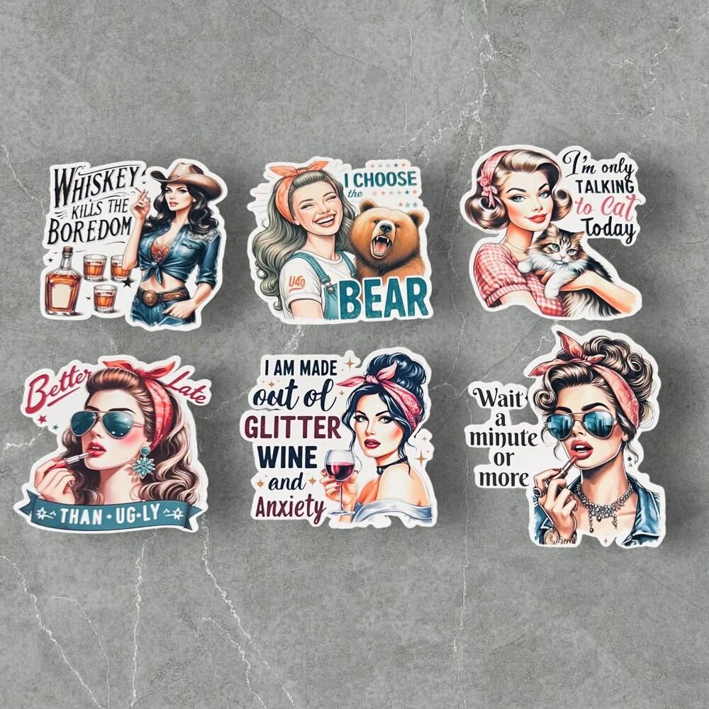 Retro Girl Sticker Set: Sassy Vintage Decals (6pcs)